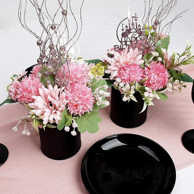 Artificial Flowers Table Centerpieces - Set of 6 Pre-Made Daisy Floral Arrangements with Rustic Metal Black Vase for Birthday, Baby Shower, Party, Home Decorations - Hot Pink & Rose Gold