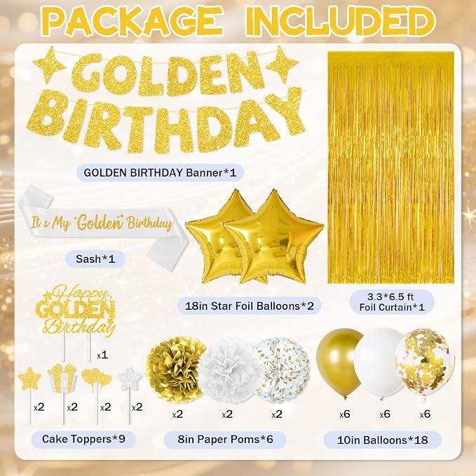Golden Birthday Party Decorations, 40PCS Gold Decorations Include It's My Golden Birthday Sash Banner Balloons Foil Fringe Curtain Paper Pompoms, Gold Party Supplies for Women Girls Men