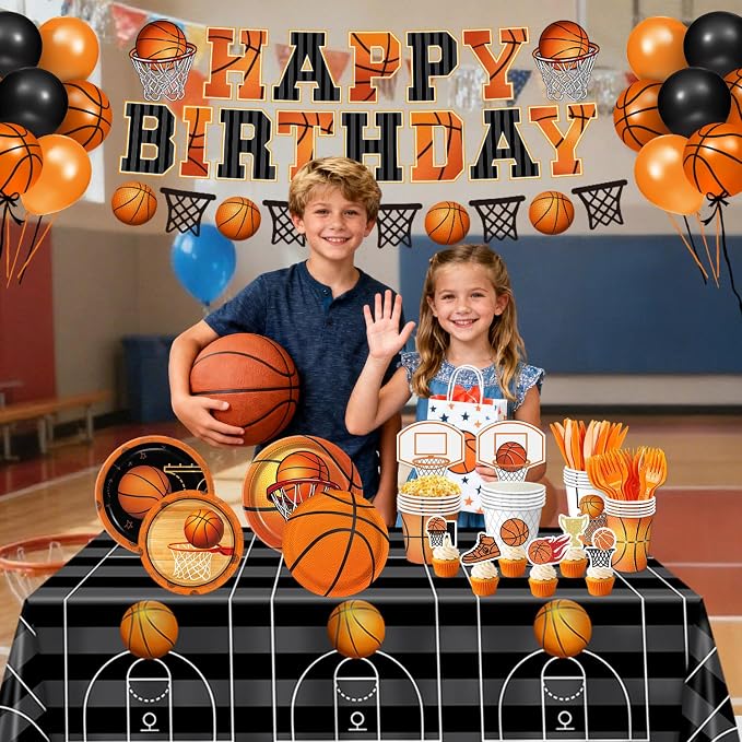 202 PCS Basketball Birthday Party Decorations - Plates, Napkins, Cups, Basket Card, Banner, Balloons, Cake & Cupcake Toppers, Tablecloths, Cutlery for Basketball Party Decorations, Serves 24