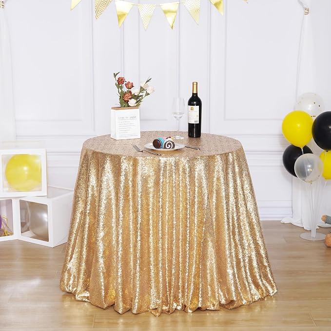 Poise3EHome 90-Inch Round Light Gold Sequin Tablecloth for Party Cake Dessert Table Exhibition Events