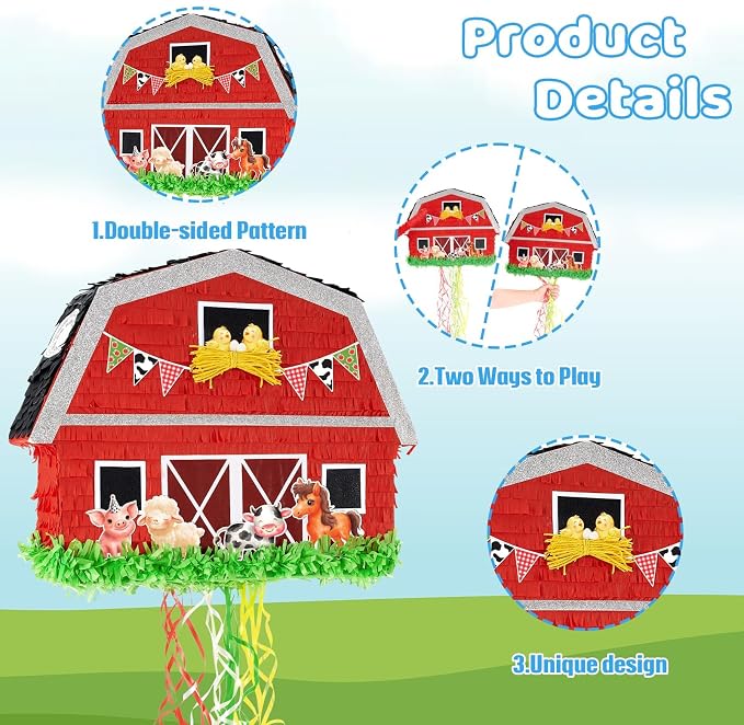 WERNNSAI Red Farm Animal Piñata - Farm Baby Shower Decorations Animal Piñata Party Game for Kids Birthday Celebrations Milk Farm Party Favor Supply with Bat Blindfold