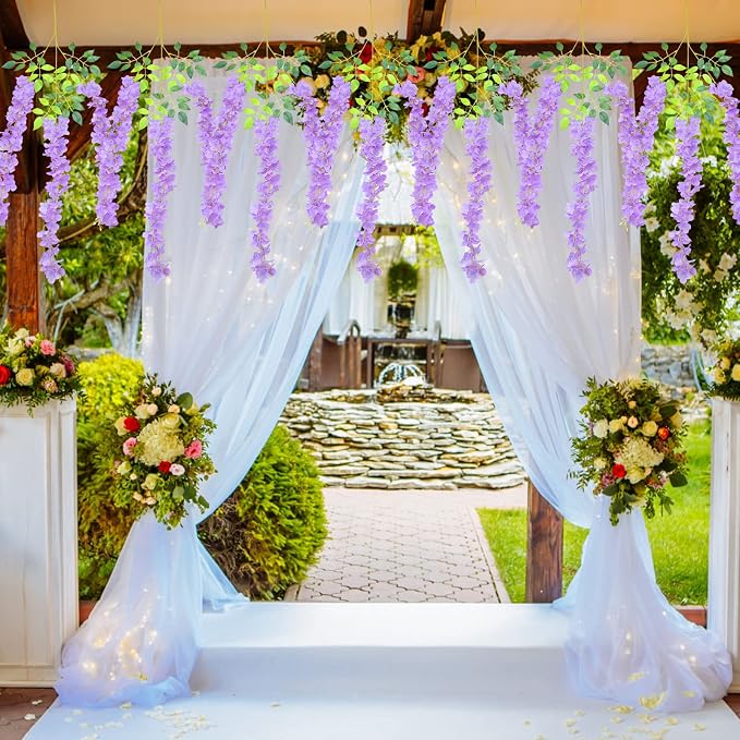 Pauwer Wisteria Hanging Flowers 24 Pack Fake Flower Garland Artificial Wisteria Vines Rattan Silk Flower String Wedding Party Wall Decorations,Purple