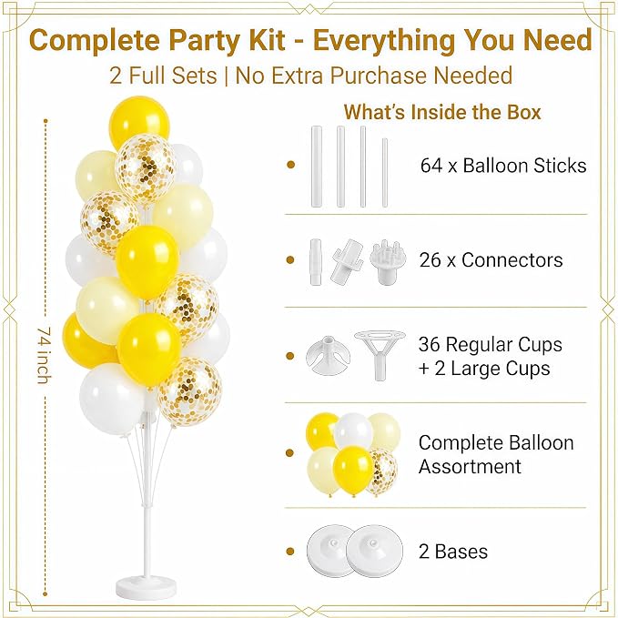 Hiins Balloon Column Kit Set of 2 With Pastel Yellow White Gold Confetti Balloons with Base,Pole,Balloon Tower Backdrop Decoration for Bee Lemon Wedding,Baby Shower,Birthday Party,Bachelorette Party