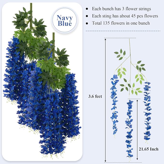 U'Artlines 24 Pack (Total 86.4 Feet) Artificial Fake Wisteria Vine Rattan Hanging Garland Silk Flowers String Home Party Wedding Decor (24, Navy Blue)