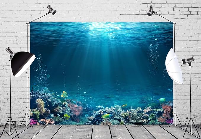 BELECO Underwater World Backdrop 15x8ft Fabric Undersea Backdrop for Photography Under The Sea Tropical Fish and Corral Deep Sea Sunlight Seabed Background Undersea Party Decor Photo Studio Props