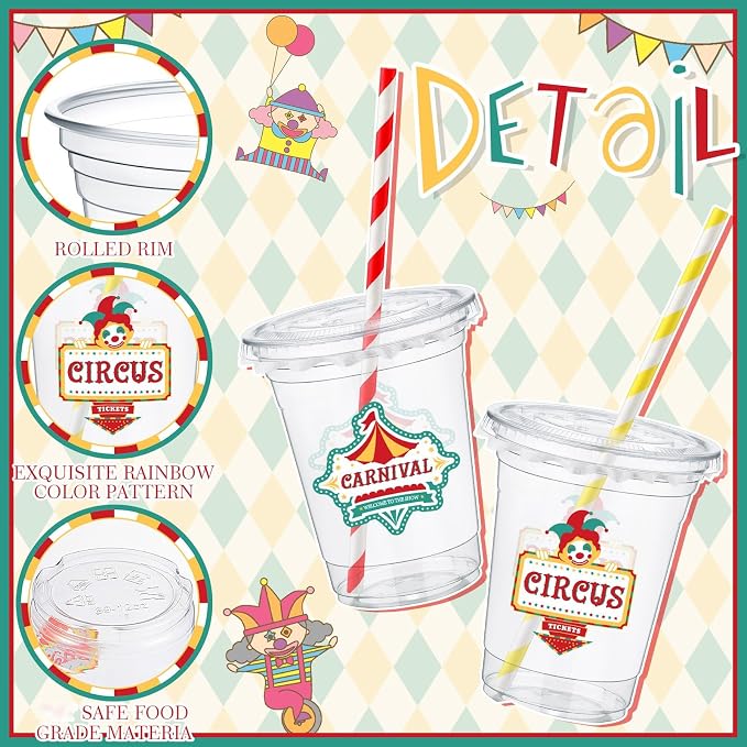 FoldTier 50 Pcs Carnival Party Plastic Cups 12 oz Disposable Plastic Cups with Straws and Lids Circus Clear mug Birthday mugs Supplies Birthday Table Decorations Party Favor