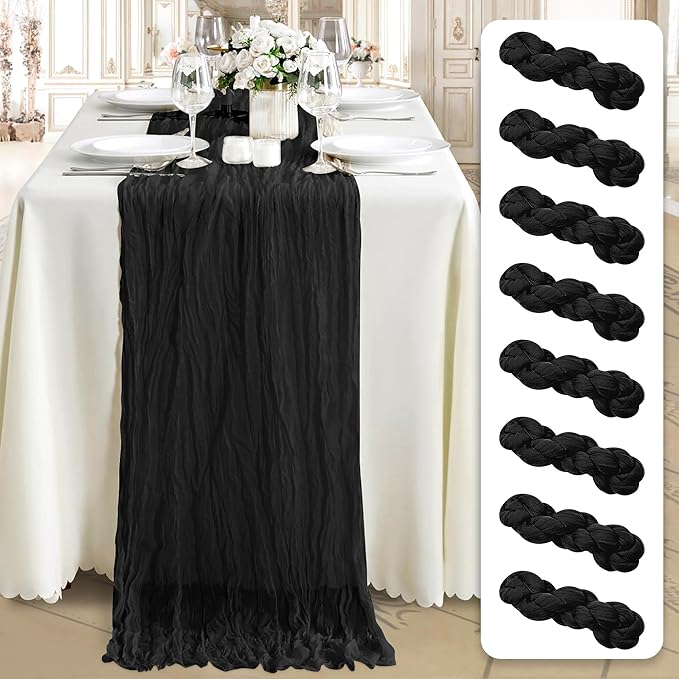 Cheesecloth Table Runner 8 Pack – 35x120 Inch (10ft) Boho Rustic Gauze Cloth Runners – Crinkle Polyester Table Decor for Wedding, Baby Shower, Bridal Shower, Birthday Party and More (Black)