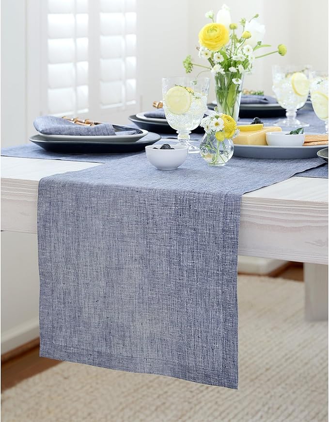Solino Home Linen Table Runner 144 Inches Long - Athena, 100% Pure Linen Chambray Indigo 14 x 144 Inch Table Runner for Dining, Spring, Summer, Mothers Day