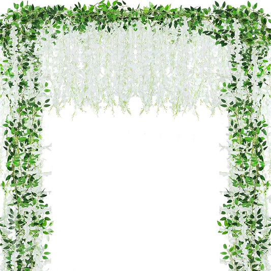 Alotiki Wisteria Artificial Flowers Garland,10Pcs Total 60ft Silk Fake White Wisteria Flowers Hanging for Home Garden Wedding Arch Party Indoor Outdoor Decor(10,White)