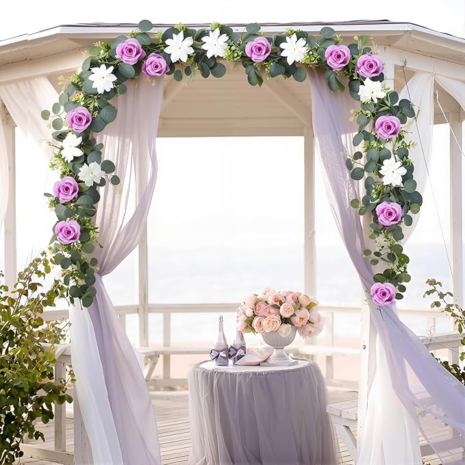4 Pack Wedding Garland Set, Purple Rose & White Dahlia Hanging Flower Vines for Wedding Arch, Backdrop, Mantel, Home Decor (5.91ft)