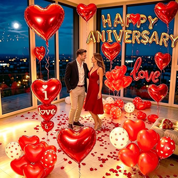 Happy Anniversary Decorations, Red Heart Balloons, Happy Anniversary Banner, Heart Hanging String, Rose Petals, Romantic Decor for Wedding, Valentines Day