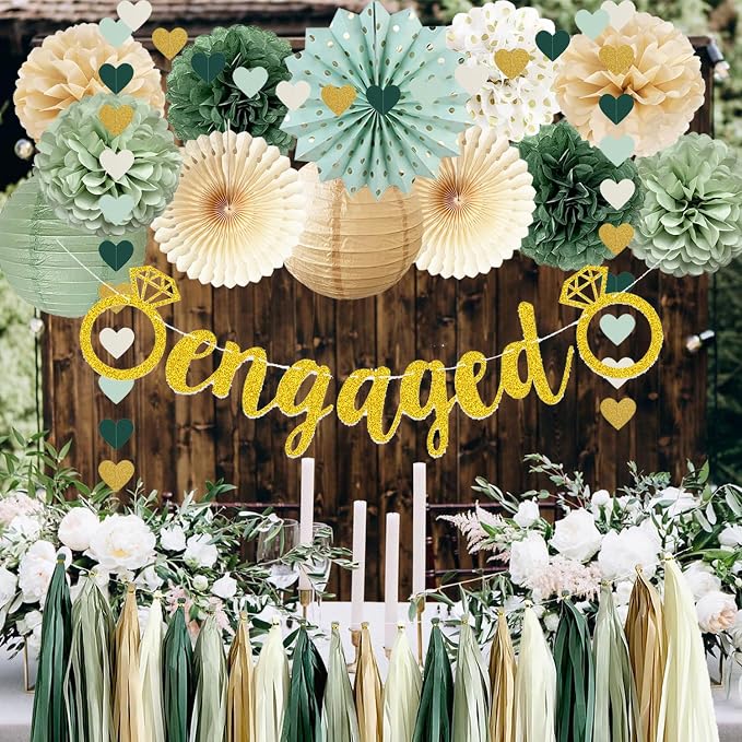 Engagement Party Decorations Sage Green Just Engaged Decorations Glitter Engaged Banner Tissue Pom Poms Paper Lanterns Tassel Garland for Married Decoration Wedding Bachelorette Party Decor