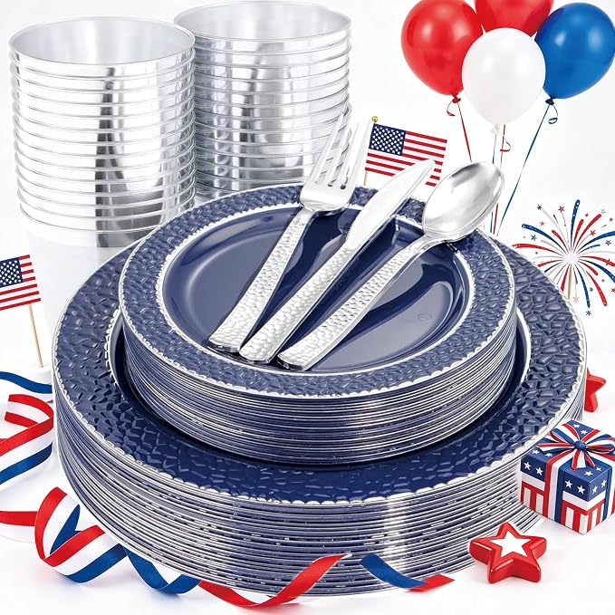Ciaell 150 PCS Blue and Silver Plastic Plates - Blue Disposable Plate include 50 Plates, 25 Knives, 25 Forks, 25 Spoons, 25 Cups for Weddings & Party
