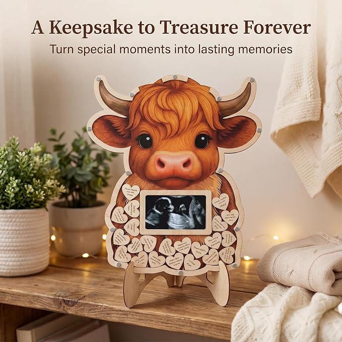 Highland Cow Baby Shower Decorations,Holy Cow Baby Shower Guest Book Alternatives with Pen,Photo Frame and 60 Heart Wood Slices for 60 Guests,Gender Reveal Decorations