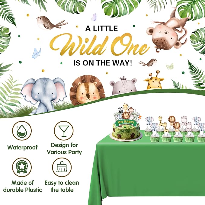 Safari Baby Shower Decorations Boy - Jungle Theme Party Supplies Include Balloon Garland Arch, Wild One Backdrop, Tablecloth, 4 Printed Boxes, Monkey Giraffe Foil Balloons - Sage Green