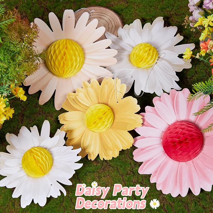 SUNBEAUTY Daisy Flower Hanging Decoration 9Pcs Pink and Yellow Daisy Honeycomb Paper Flower Decorations for Spring Summer Wall Birthday Wedding Classroom Backdrop Garden Tea Party Decor