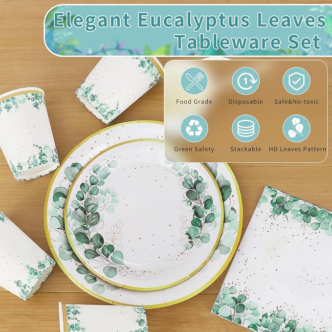 Sage Green Plates and Napkins Party Supplies, Sage Green and Gold Disposable Plates Sets, Sage Green Plates and Napkins Party Supplies Eucalyptus Plates for Table Decor，Serves for 25 (Eucalyptus Set)