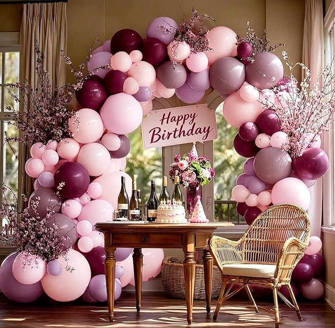 Dusty Purple Pink Balloon Arch Kit Double Stuffed Dark Purple Plum Pastel Pink Lavender Mauve Balloon Garland for Birthday Butterfly Baby Shower Anniversary Wedding Bridal Shower Party Decoration