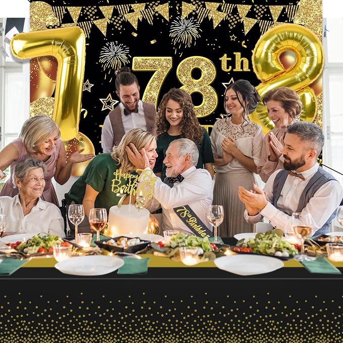 78th Birthday Decorations Men Women with 78th Birthday Banner, Black and Gold Table Cloth, Number Balloons,Sash, Cake Topper and Candles