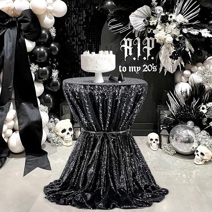 B-COOL Round Tablecloth Sequin Draping Decorations: 132 Inch Tablecloths Black Sequence Overlay Shimmer Fabric for Birthday Dinner Parties Halloween