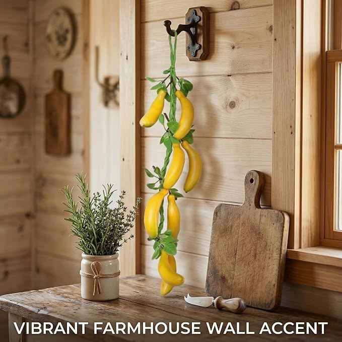 Veemoon 2pcs Artificial Small Hanging Bananas Bunch, Farmhouse Wall Fake Fruit Decoration Artificial Bananas String Lifelike Foam Tropical Fruit Ornament for Home Shop Window Display Props, 23.19"