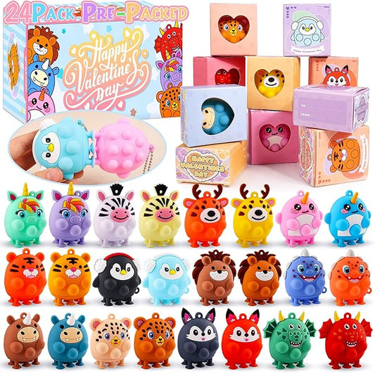 ChildFun Valentines Day Gifts for Kids, 24 PCS Prefiled Valentines Box with 3D Animal Pop Suction Toys, Valentines Party Favors for Class, School Classroom Valentines Gifts for Boys Girls Toddlers