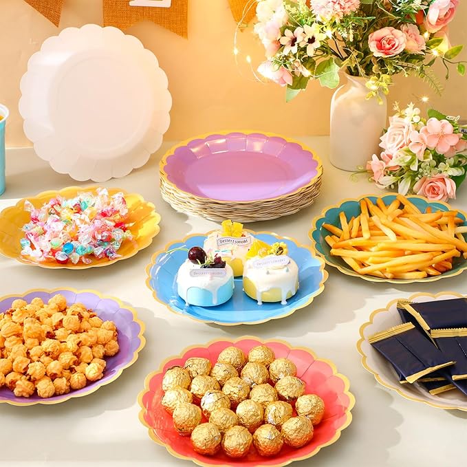 48 Pcs Boho Rainbow Paper Plates 9 Inch Colorful Scalloped Paper Plates Disposable Dinner Dessert for Birthday Wedding Bridal Party Supplies, 6 Colors