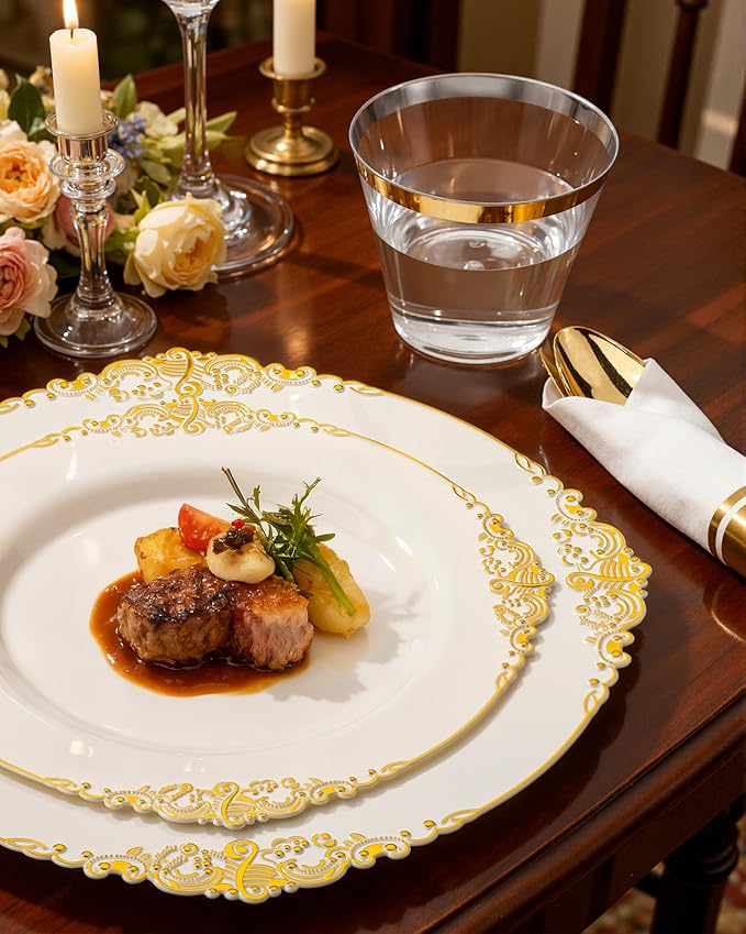 Nervure 175PCS Ivory Plastic Plates - Ivory Gold Plastic Dinnerware Sets for 25 Guests - 50 Gold Disposable Plates, 25 Pre Rolled Cutlery Set, 25 Cups Perfect for Wedding, Party & Mothers Day
