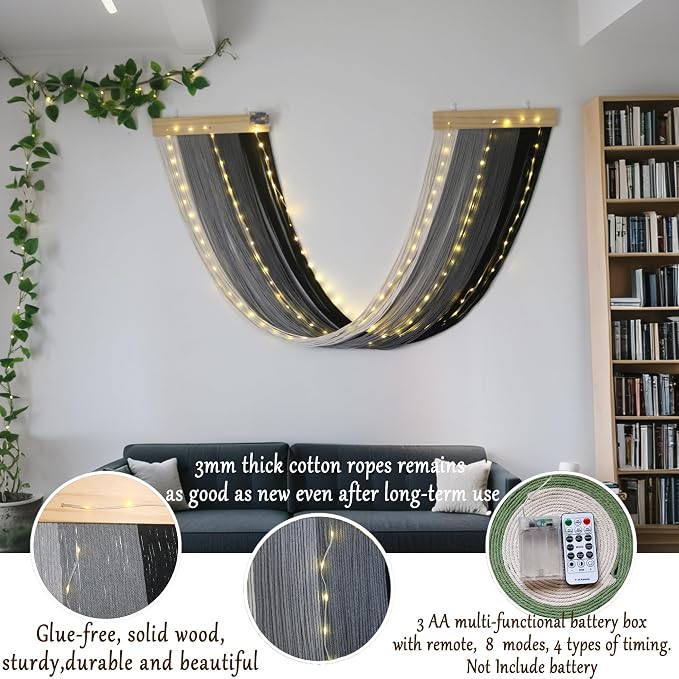 Macrame Fairy Lights Battery Operated with Remote & Timer, Black Grey | Handwoven Wall Hanging with 20ft 100 LEDs Warm White Timer String Lights for Bedroom,Living Room,Party,Wedding,Christmas Deco