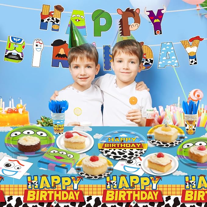 182pcs Toy Theme Party Supplies Include Cloud Plates Napkins Cups Banner Tablecloth Disposable Paper Tableware Set for Toy Birthday Party Decorations,Serve 30 Guests