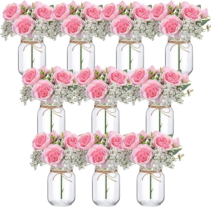 XunYee 10 Set Mason Jar Table Centerpiece with Flower Mason Jar Flower Centerpiece Vases Decor for Engagement Party Bridal Shower Wedding Reception Table Decor(Dark Pink,Peony, Gypsophila)