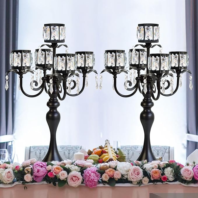 5 Arm Elegant Crystal Candle Holder,Candlestick for Wedding Table Centerpiece, 22 Inch Tall Candle Holder Table Candelabra Event Party Table Centerpiece,Home Decoration. (4, Black, Square Crystal)