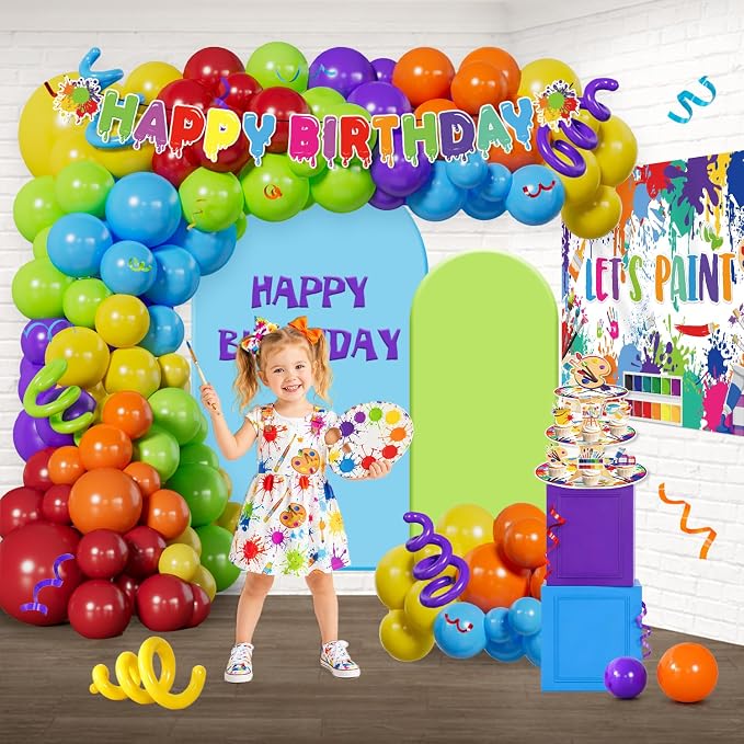 285PCS Paint Party Decorations, All-in-One Art Birthday Party Decorations with Balloon Garland, Backdrop, Tableware, Banner, Tablecovers, Cake Toppers, Serves 25