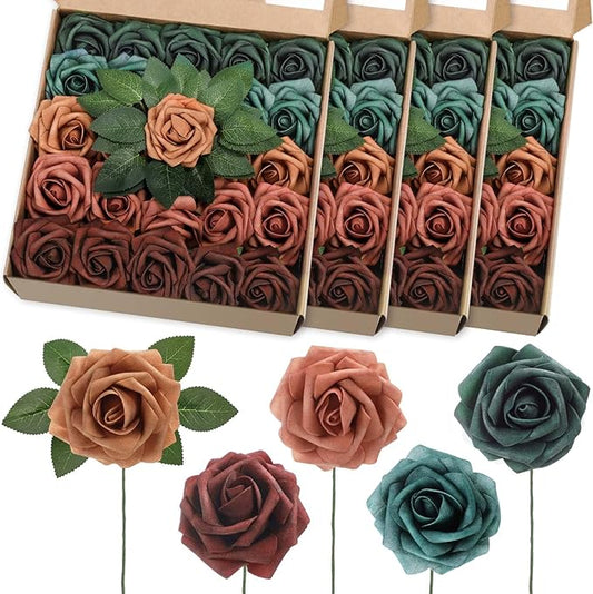 100 Pcs Artificial Foam Rose Flower Faux Bouquet Wedding Fake Rose Gift for Mother's Day Women DIY Bridal Shower Party Table Birthday Home Spring Decor (Shades of 1970s)