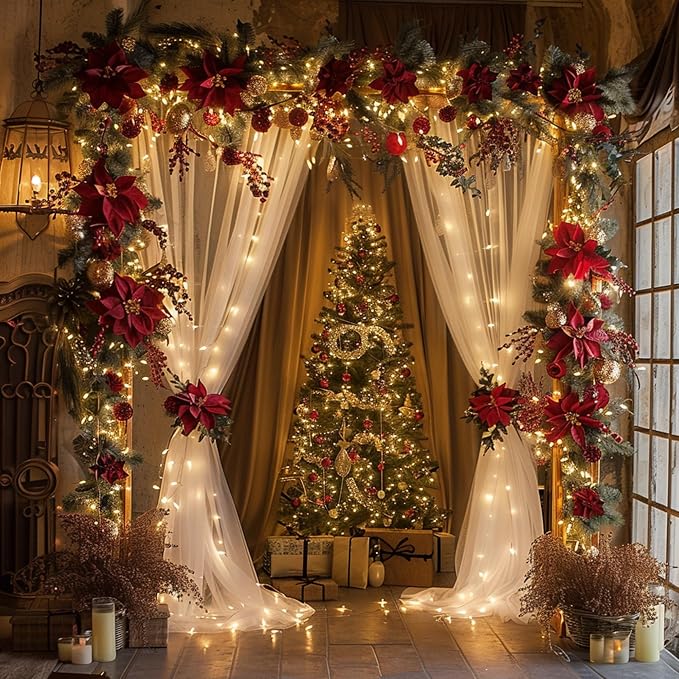 Fomcet Tulle Curtains with Lights String White 20FT X 8FT Sheer Backdrop Curtains for Parties Wedding Baby Shower Photo Shoot Decorations (4 Panels 5x8FT)