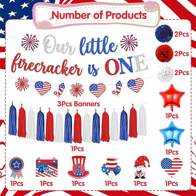 Rakuto Our Little Firecracker Is One Party Decorations, 18PCS 4th of July 1st Birthday Banners Hanging Swirls Party Decoration, Independence Day First Bday Paper Poms Garland Tassel Decor