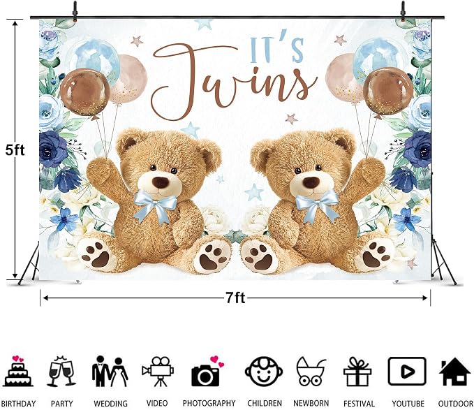 Twin Bear Boys Baby Shower Backdrop 7Wx5H Feet It's Twins Boy Navy Blue Floral Brown Balloon Newborn Polyester Fabric Cute Lovely Photography Backgrounds Photo Shoot Decor Props Decoration