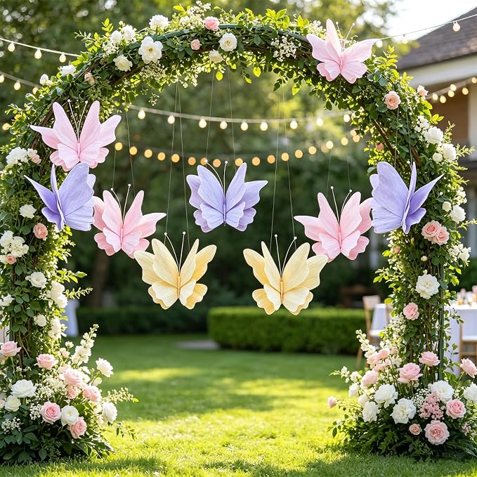 SUNBEAUTY Butterfly Party Decorations Hanging Butterfly Decorations 6Pcs Crepe Paper Garden 3D Butterflies Decor Pastel Paper Butterflies Decoration for Wedding Baby Shower Birthday Party Room Decor