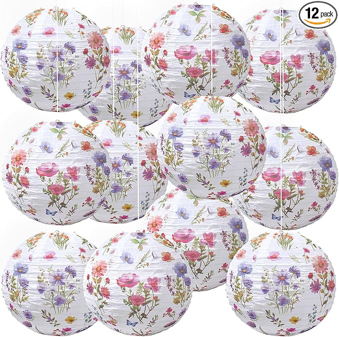 Honoson 12 Pcs Wildflower Paper Lanterns Spring Floral Wildflower Party Decorations Hanging 10 Inch Chinese Lanterns for Wedding Bridal Shower Baby Shower Tea Party Decorations