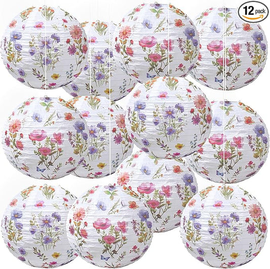 Honoson 12 Pcs Wildflower Paper Lanterns Spring Floral Wildflower Party Decorations Hanging 10 Inch Chinese Lanterns for Wedding Bridal Shower Baby Shower Tea Party Decorations