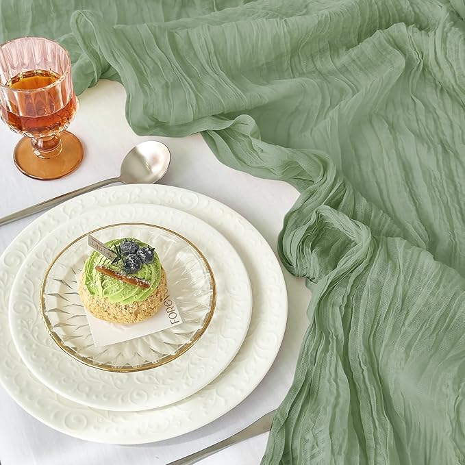 IVAPUPU 4 Pcs Cheesecloth Table Runner - 10ft Sage Green Spring Boho Gauze Cheese Cloth Table Runners for Baby Shower Decorations Wedding Party Garden Farmhouse
