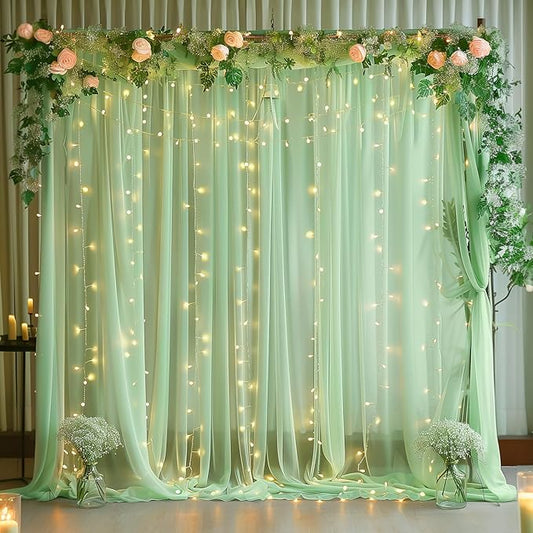 10×8ft Green Tulle Curtain Backdrop with Lights String for Parites, Sheer Backdrop Curtain Drapes for Wedding Photo Baby Shower Photography Birthday Party