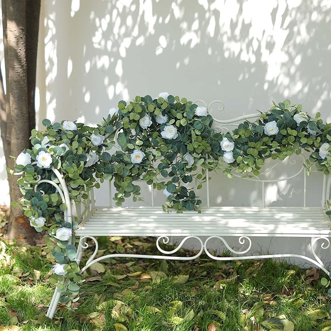 MISSPIN 2pcs Artificial Flowers Garland Spring Eucalyptus Garland Vintage Fake Flower Peony Rose Vine Greenery Decorative Wall Hanging Plant for Wedding Arch Door Arrangement Party Decor (White,2pcs)