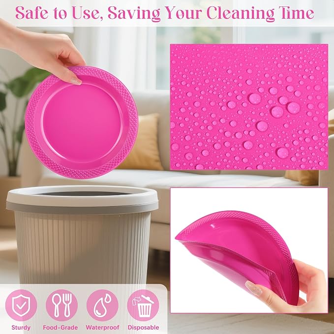 Kochorie 300 Pack Hot Pink Plates 7" & 6" Disposable Plastic Plates Round Dessert Plate Set Food Grade, BPA-Free, Heavy Duty Dinner Tableware for Bulk Party Events, Weddings, Birthdays Supplies