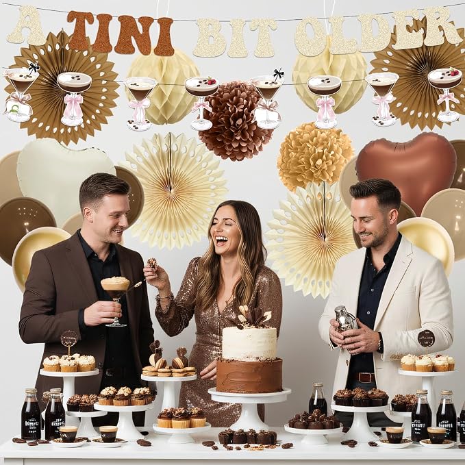 a Tini Bit Older Birthday Decorations - 30PCS Brown a Tini Bit Older Party Banners Balloons Paper Fans Pompoms Honeycomb Centerpieces, Martini Espresso Birthday Decor Supplies for Women