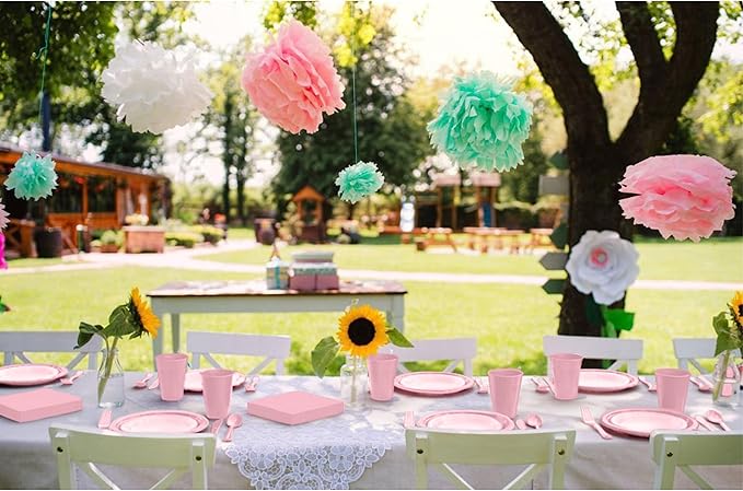 350 Pcs Pink Plastic Plates For Party, Pink Disposable Plates Set, 50 Of Each 9" Dinner Plate Set, 7" Dessert Plate, Cups, Napkins & Cutlery Plastic Dinnerware Set Exquisite