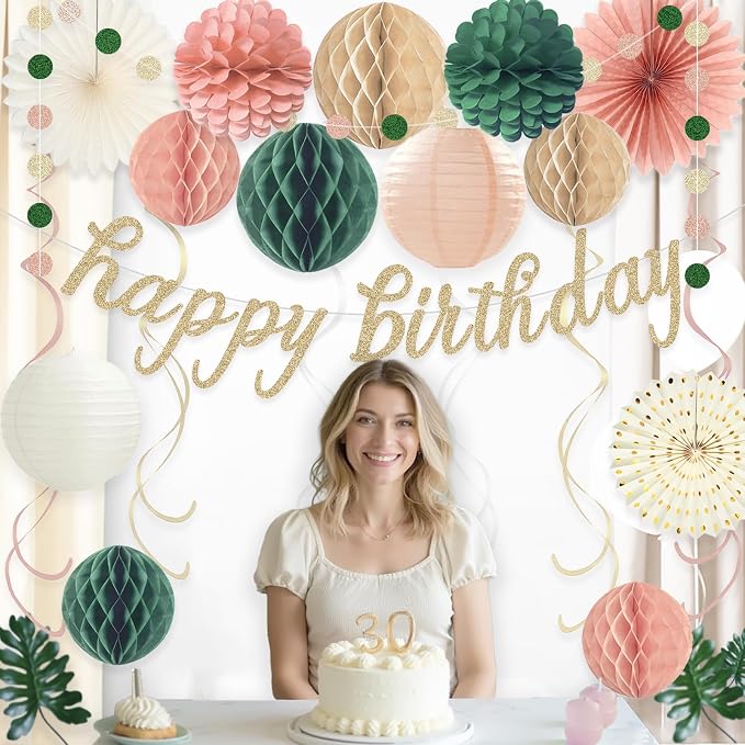 Pink Sage Green Happy Birthday Decorations, Pre-Strung Happy Birthday Banner with Honeycomb Balls, Paper Flowers, Lanterns, Hanging Swirls, Circle Dots Garland for Birthday Party Decorations 24pcs
