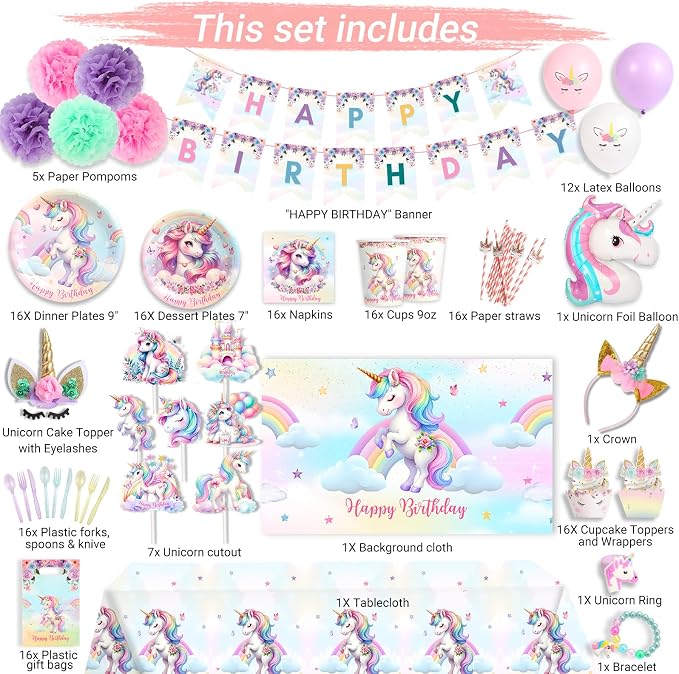 191 Pc Unicorn Birthday Decorations for Girls – Complete Unicorn Party Decorations Supplies Kit with Backdrop, Banner, Plates, Napkins, Balloons, Headband, Tablecloth – Rainbow Party For Kids