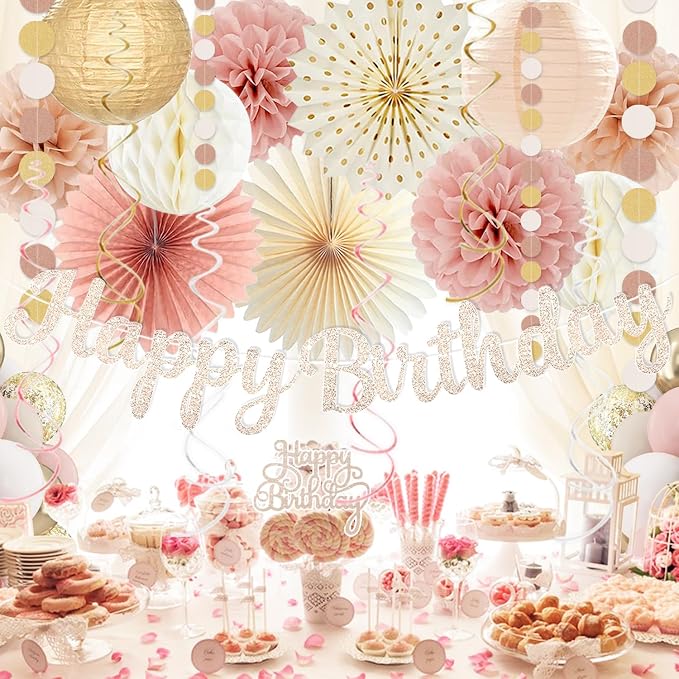 Boho-Pink Birthday Decorations, Happy Banner, Women Paper Lanterns Honeycomb, One Sweet Peach Streamers Garland, Retro Blush Pink Beige Metallic Gold Balloon for Birthdays Party Décor