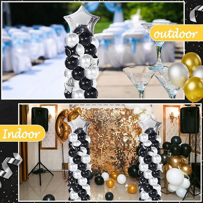 Gejoy 110 Pcs Black Silver Balloons Column Stand Kit Adjustable Tower Stand from 1.4 to 6.6 ft with Bases for Back to School Wedding Birthday Baby Shower Party